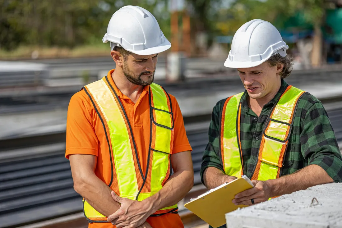 Construction workers reviewing job-site plans — illustrative stock photo, not an actual Clark County inspection.